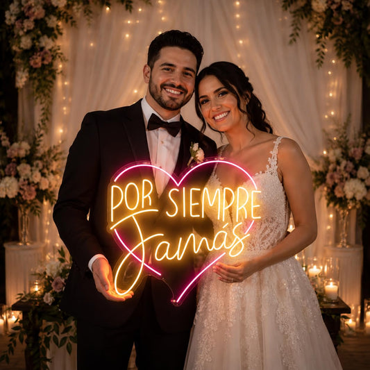 Letrero LED Neón 'Por Siempre Jamás', Luz en Rosa y Amarillo, 60 x 60 cm, Decoración de Pared para Bodas