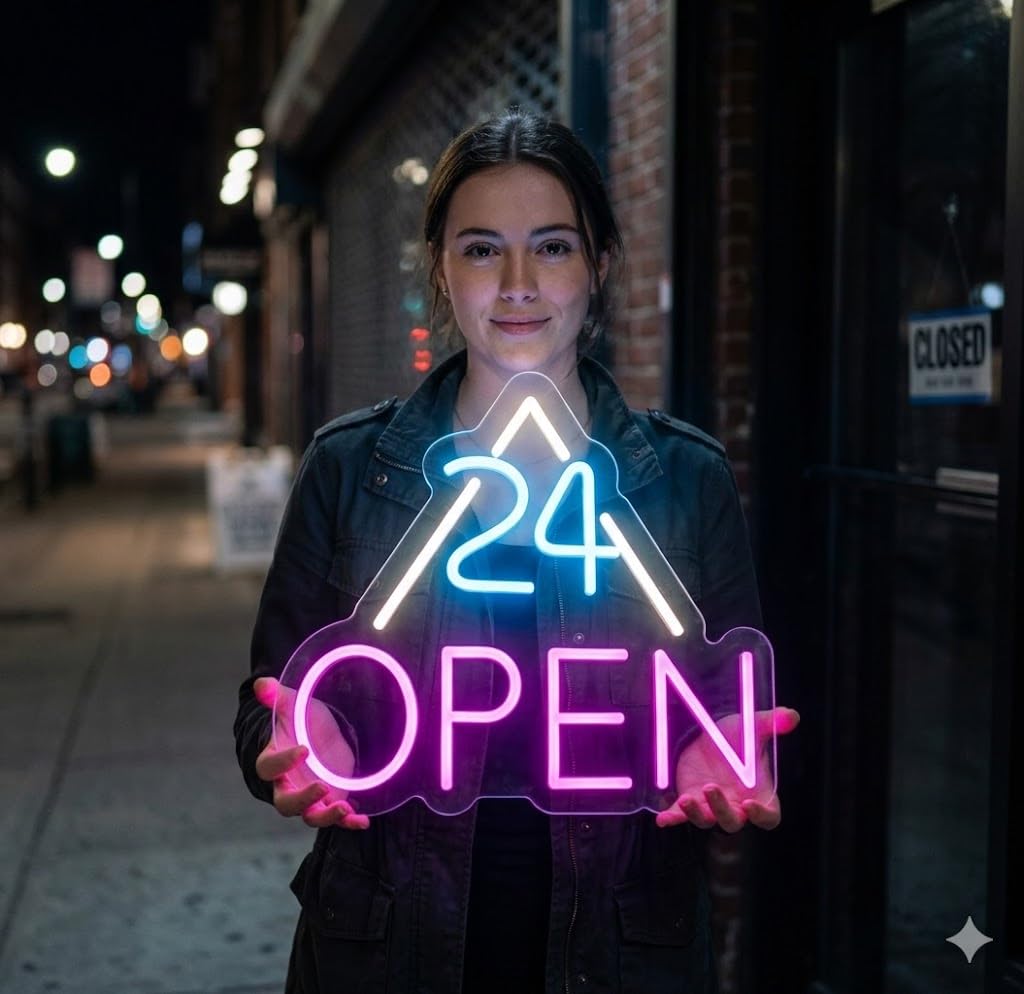 Letrero Neón de 24 OPEN con Triángulo, Luz neón LED, Rosa, Azul y Blanco, Decoración de Pared con base metacrilato transparente, cadena, cable de 1.5 m y alimentación 12 v medidas 45x55 cm