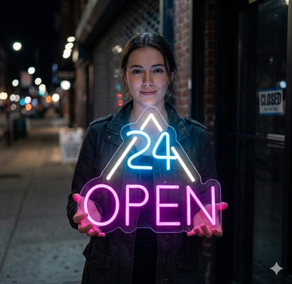 Letrero Neón de 24 OPEN con Triángulo, Luz neón LED, Rosa, Azul y Blanco, Decoración de Pared con base metacrilato transparente, cadena, cable de 1.5 m y alimentación 12 v medidas 45x55 cm