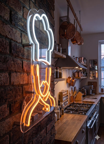 Letrero Neón de Sombrero de Chef con posibilidad de eleccion de encendido, Luz LED, Cálido, con base metacrilato transparente, cadena, cable de 1.5 m y alimentación 12 v medidas 45x25 cm