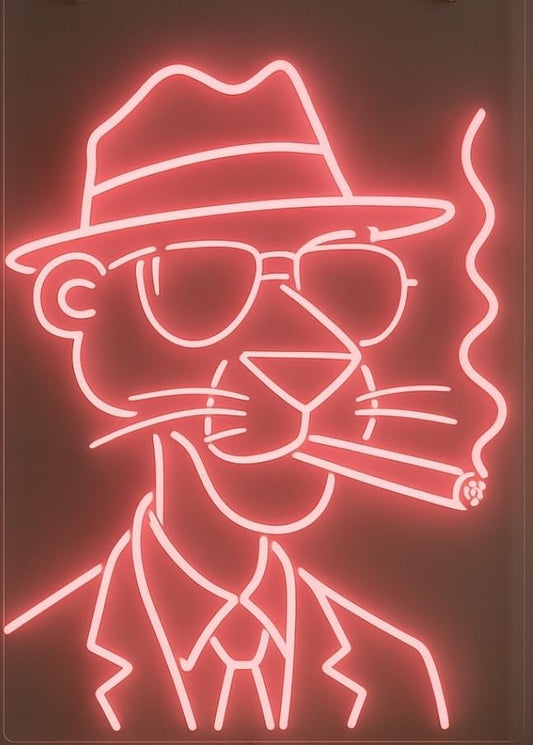 Lámpara de Neón LED Decorativa, Diseño de Personaje pantera rosa con Sombrero, Luz Roja, Montaje en Pared