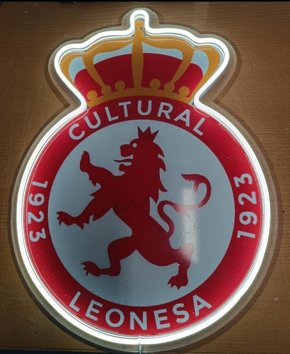 Cartel Luminoso neon y metacrilato,vinilo Cultural fútbol con Corona, LED Decorativo, Rojo y Dorado 40x30 cm medidas