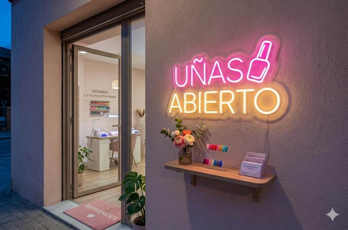 soloLED Letrero bajo coste UÑAS abierto Cartel Luminoso LED Escaparate, Decoración de Pared en Metacrilato, Luz Brillante, aproximadamente40 y 50cm alimentación 12v