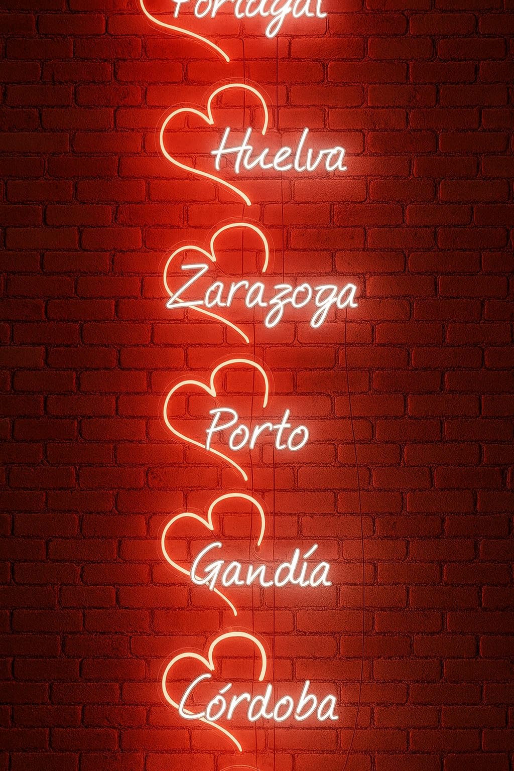 Elije tú Letrero personalizado de Neón LED con Corazón, Ciudades de España y Portugal, Decoración de Pared, Luz Roja y Blanca, metacrilato, alimentación 12 v medidas desde 35cm