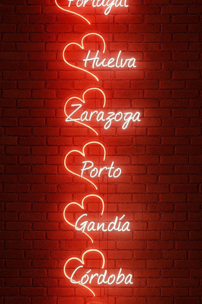 Elije tú Letrero personalizado de Neón LED con Corazón, Ciudades de España y Portugal, Decoración de Pared, Luz Roja y Blanca, metacrilato, alimentación 12 v medidas desde 35cm