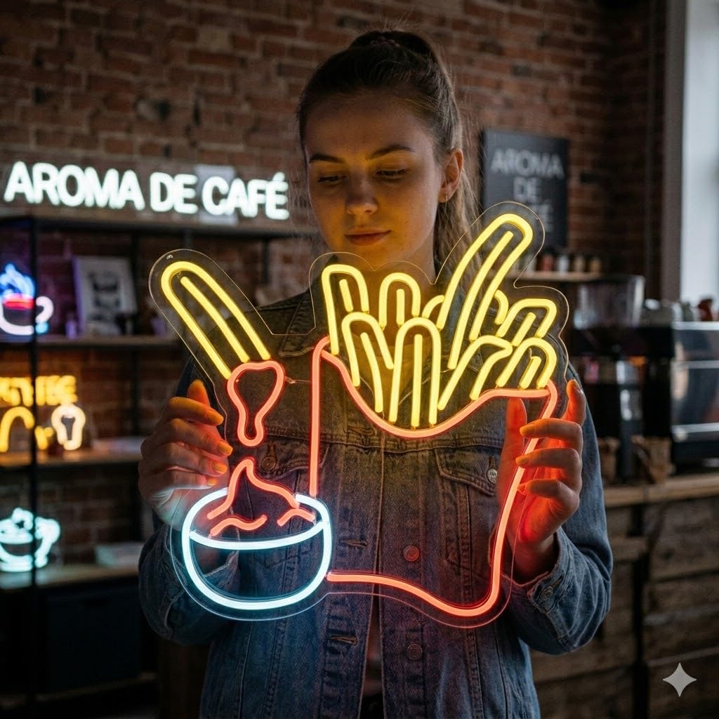 SOLOLED Letrero Neón de Patatas fritas con salsa, Luz neón LED, Decoración de Pared con base metacrilato transparente, cadena, cable de 1.5 m y alimentación 12 v medidas 50x50 cm