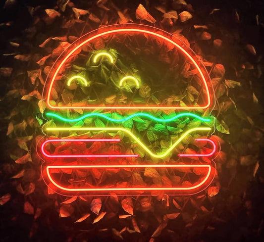 Letrero LED de Neón Hamburguesa, Diseño Multicolor en Pared de Ladrillo, Decoración para Restaurante