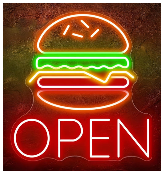 MENGE Lámpara de señalización Letrero De Neón De Hamburguesa Abierta, Decoración De Pared Para Restaurante, Tienda De Comida Rápida 50X53cm