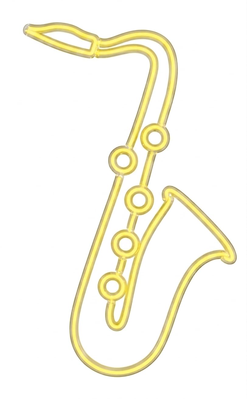 Letrero Neón de Saxofón, Luz neón LED, Amarillo, Decoración de Pared con base metacrilato transparente, cadena, cable de 1.5 m y alimentación 12 v medidas 30x55 cm