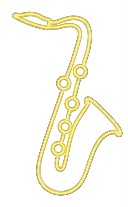 Letrero Neón de Saxofón, Luz neón LED, Amarillo, Decoración de Pared con base metacrilato transparente, cadena, cable de 1.5 m y alimentación 12 v medidas 30x55 cm