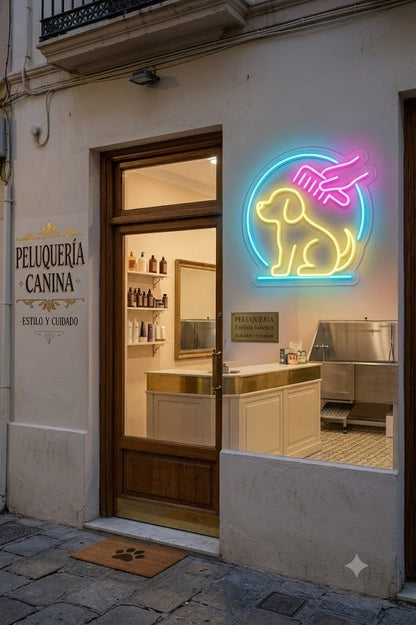 Letrero Neón para peluqeria canina, perrito peinado, Luz neón LED, Verde, Decoración de Pared con base metacrilato transparente, cadena, cable de 1.5 m y alimentación 12 v medidas60x60 cm