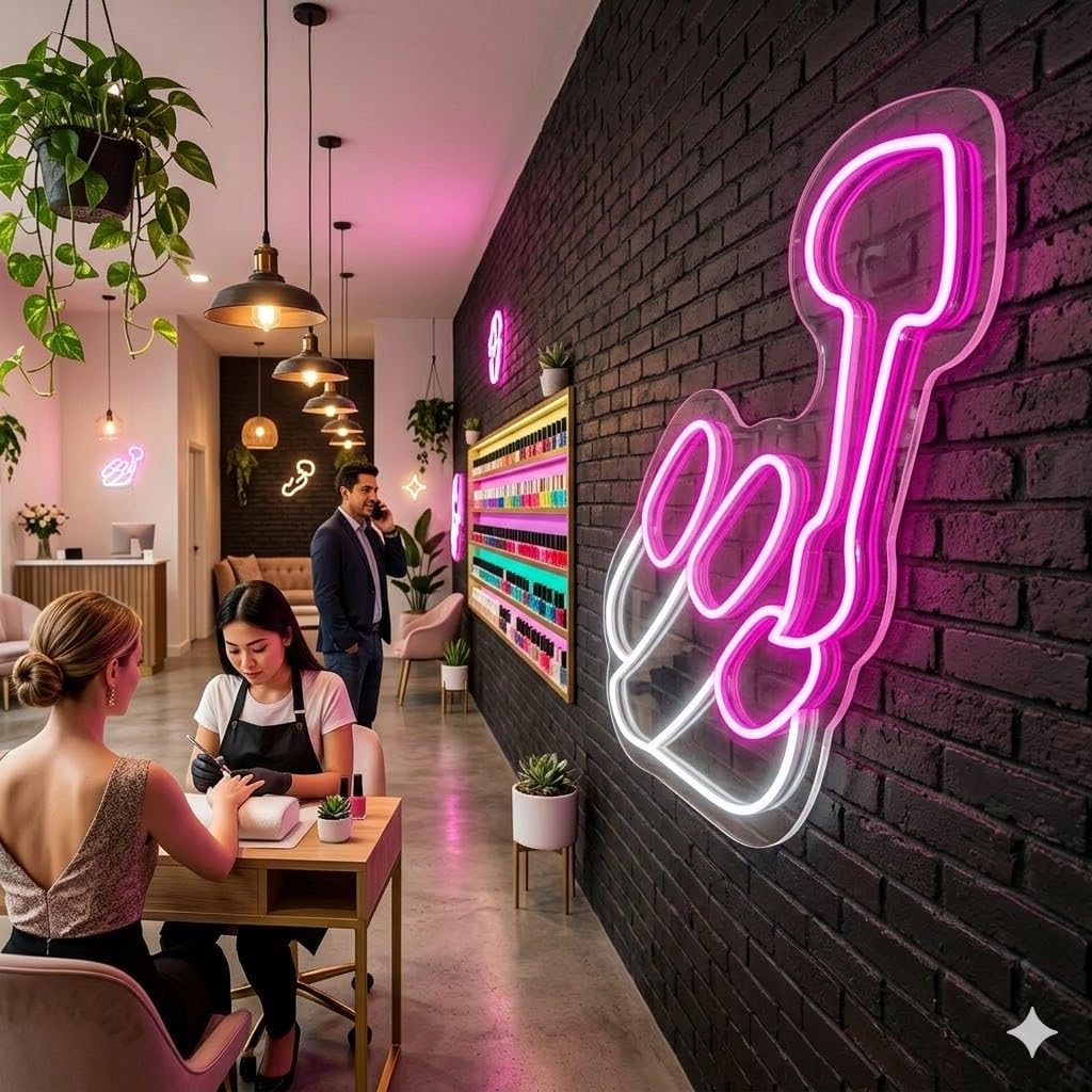Letrero Neón de Manicura y Uñas, Luz neón LED, Blanco y Rosa, Decoración de Pared con base metacrilato transparente, cadena, cable de 1.5 m y alimentación 12 v medidas