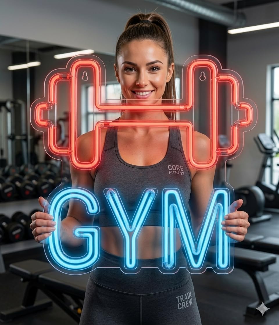soloLED Letrero GYM PESAS Cartel Luminoso LED Escaparate, Decoración de Pared en Metacrilato, Luz Brillante, aproximadamente 60cm alimentación 12v