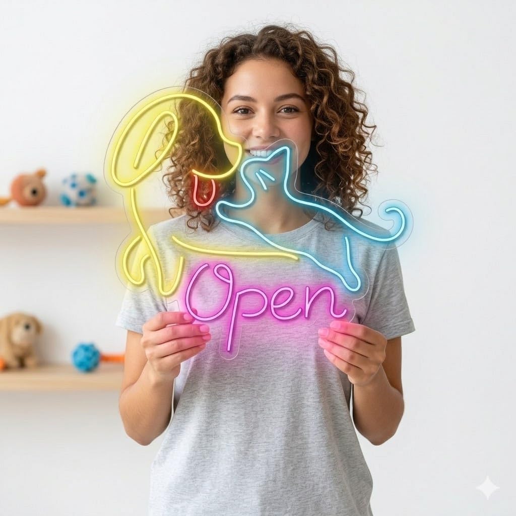 Letrero Neón de Perro y Gato Open, Luz neón LED, Multicolor, Decoración de Pared con base metacrilato transparente, cadena, cable de 1.5 m y alimentación 12 v medidas 55x55 cm