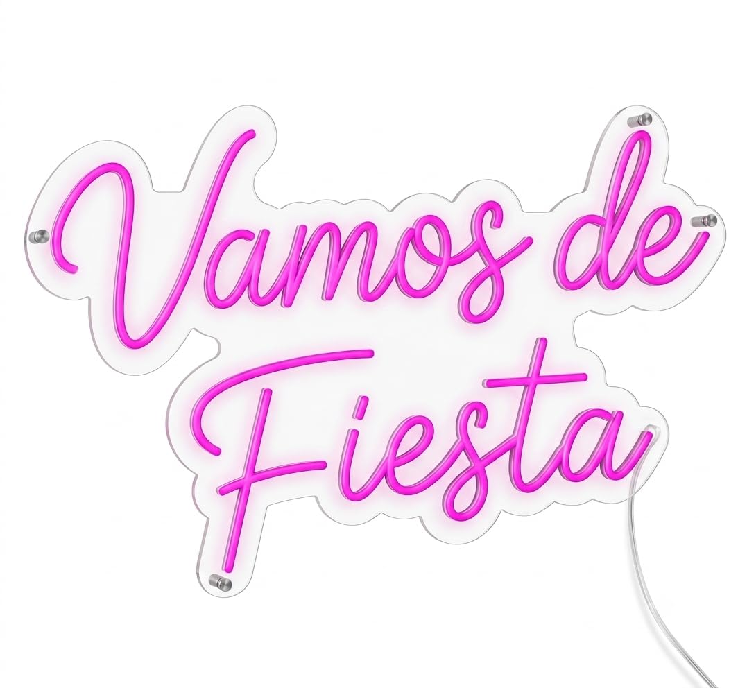 Letrero Neón de Vamos de Fiesta, Luz neón LED, Rosa, Decoración de Pared con base metacrilato transparente, cadena, cable de 1.5 m y alimentación 12 v medidas 60x45 cm