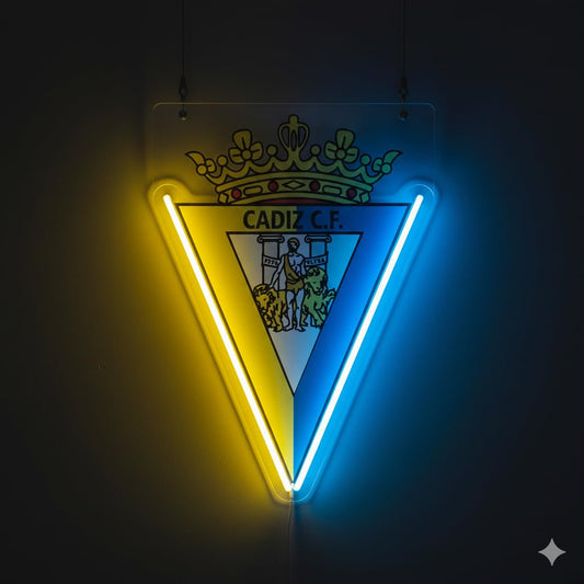 Letrero regalo de Neón LED Cádiz Luz de Pared con Corona, Triangular, Amarillo y Azul metacrilato neón y vinilo 35,x30 cm alimentación 12v