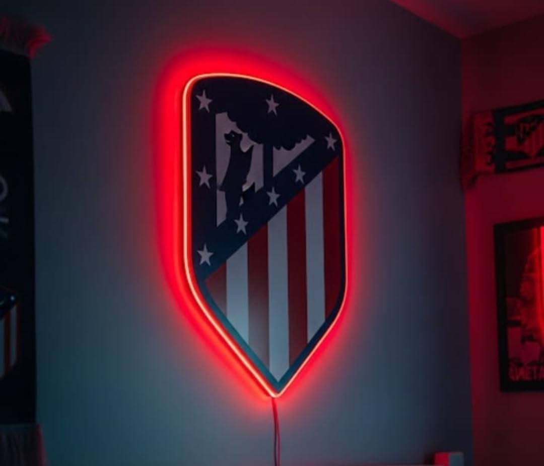 Escudo Decorativo Atlético de Madrid, Emblema del Club con Estrellas, Diseño Oficial medidas 28x35cm neon led metacrilato y vinilo liga de futbol