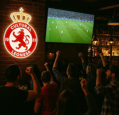 1 Cultural Leonesa escudo Pantalla metacrilato y vinilo con neón LED de Bar Deportivo, Logo Iluminado de la lga de futbol, Ambiente de Pub