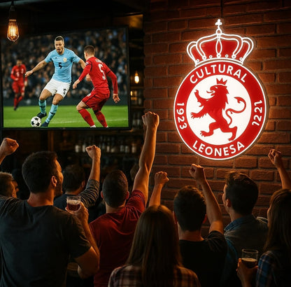 Cultural Leonesa regalo futbol, neón led vinilo con metacrilato Deportivo con Corona y León Rojo, escudo Iluminado medidas 40x30cm
