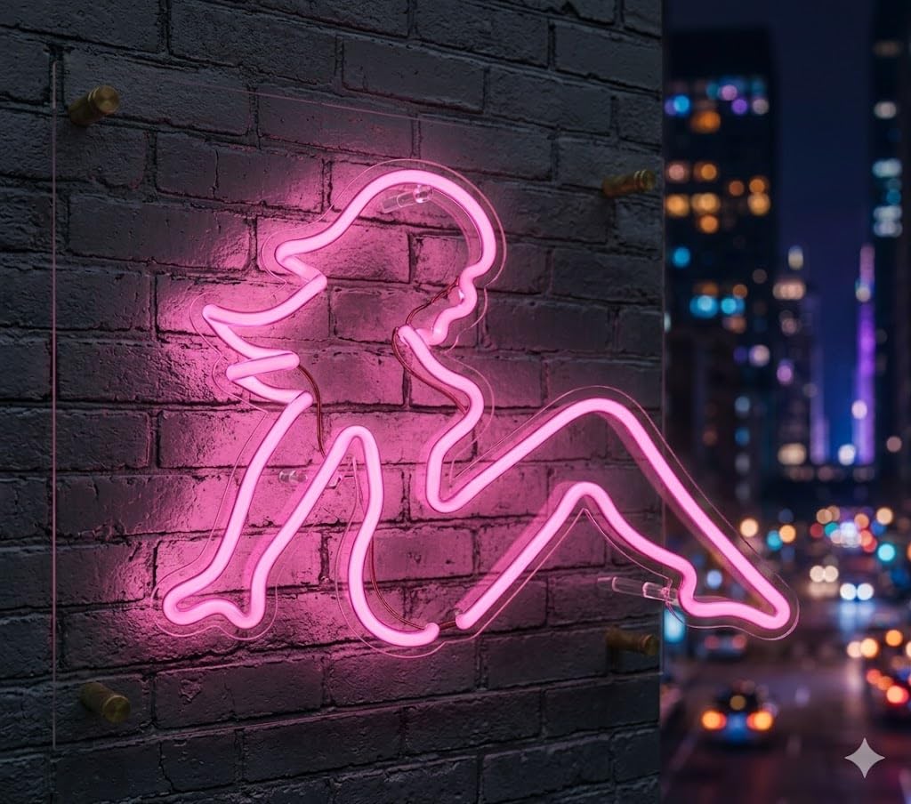Letrero Neón de Silueta de Mujer, Luz neón LED, Color Rosa, Decoración de Pared con base metacrilato transparente, cadena, cable de 1.5 m y alimentación 12 v, medidas 35x28 cm