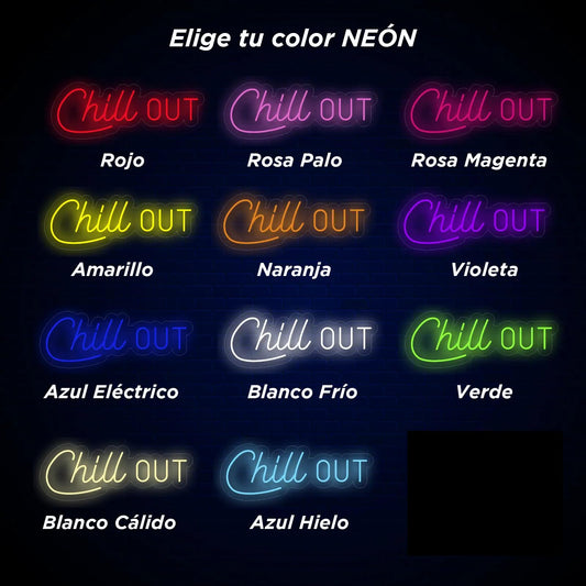 Letrero LED Neón 'Chill Out', 60 x 22,2 cm, 11 Colores Disponibles, Luz Decorativa para Pared