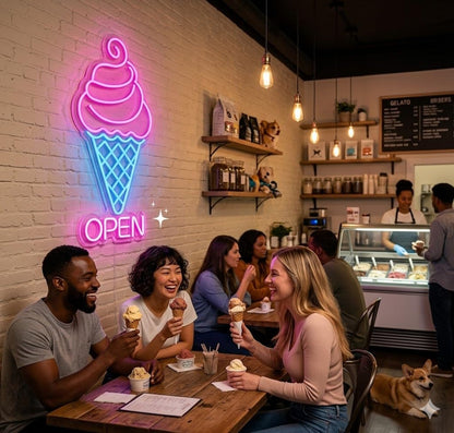 Letrero Neón de Helado OPEN, Luz neón LED, Rosa, Azul y Blanco, Decoración de Pared con base metacrilato transparente, cadena, cable de 1.5 m y alimentación 12 v medidas 35x65 cm