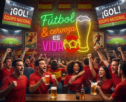 soloLED Neón LED fútbol y cerveza Letrero Luminoso de mundial Decoración de Pared para Habitación Infantil, Zona Gamer o Bar,Artesanal Hecho en España 12 v medidas 70x70cm