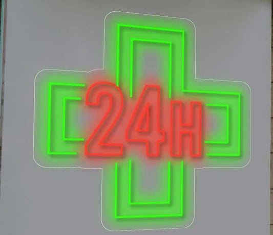 Letrero LED de Cruz de Farmacia, 45 cm x 45 cm, Verde y Rojo, Señalización Luminosa 24H
