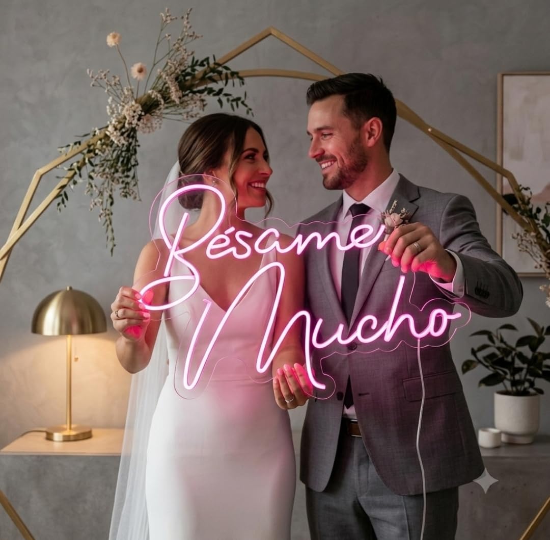 Letrero de Neón LED 'besame mucho, Cartel Luminoso Decorativo con Corazón, Rosa 70 cm aproximadamente ALIMENTADOR 12 V