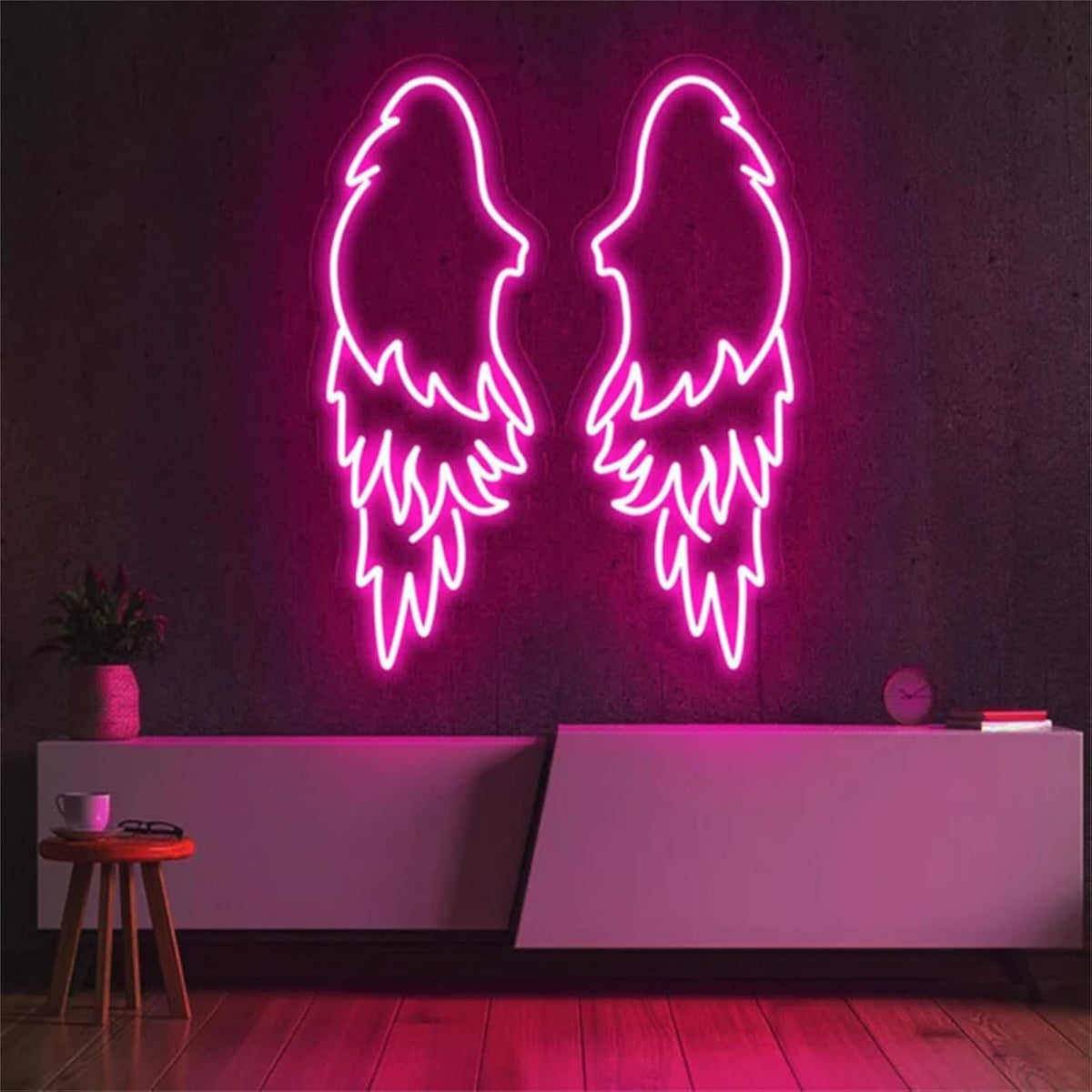 Lámpara LED de Pared Decorativa, Alas de Ángel en Neón Rosa, 65x25 cm Cada Ala, Iluminación Ambiental para Interior