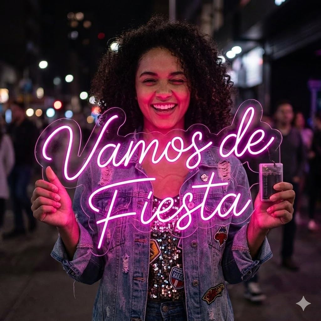 Letrero Neón de Vamos de Fiesta, Luz neón LED, Rosa, Decoración de Pared con base metacrilato transparente, cadena, cable de 1.5 m y alimentación 12 v medidas 60x45 cm