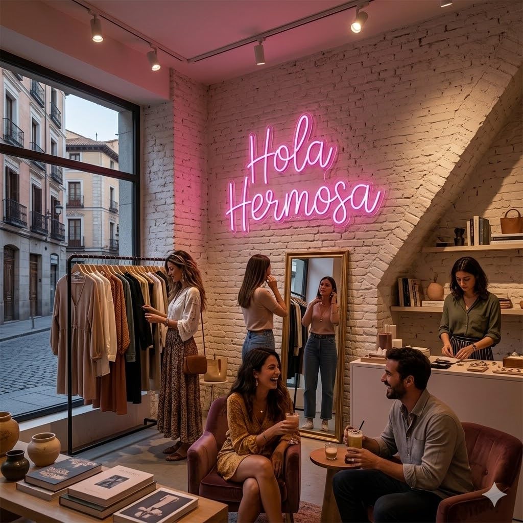 Letrero Neón de Hola Hermosa, Luz neón LED, Rosa, Decoración de Pared con base metacrilato transparente, cadena, cable de 1.5 m y alimentación 12 v medidas 65x40 cm