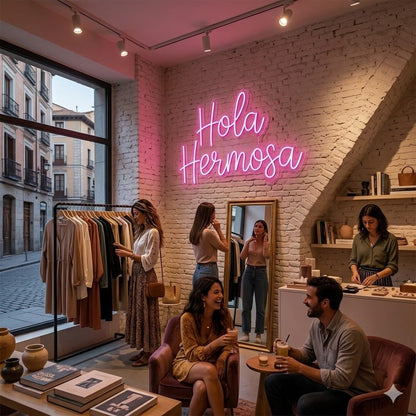Letrero Neón de Hola Hermosa, Luz neón LED, Rosa, Decoración de Pared con base metacrilato transparente, cadena, cable de 1.5 m y alimentación 12 v medidas 65x40 cm