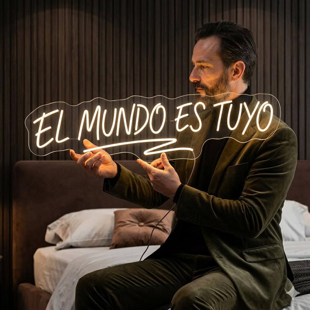 Letrero Neón de El Mundo Es Tuyo con Subrayado, Luz neón LED, Blanco Cálido, Decoración de Pared con base metacrilato transparente, cadena, cable de 1.5 m y alimentación 12 v medidas 80x25 cm