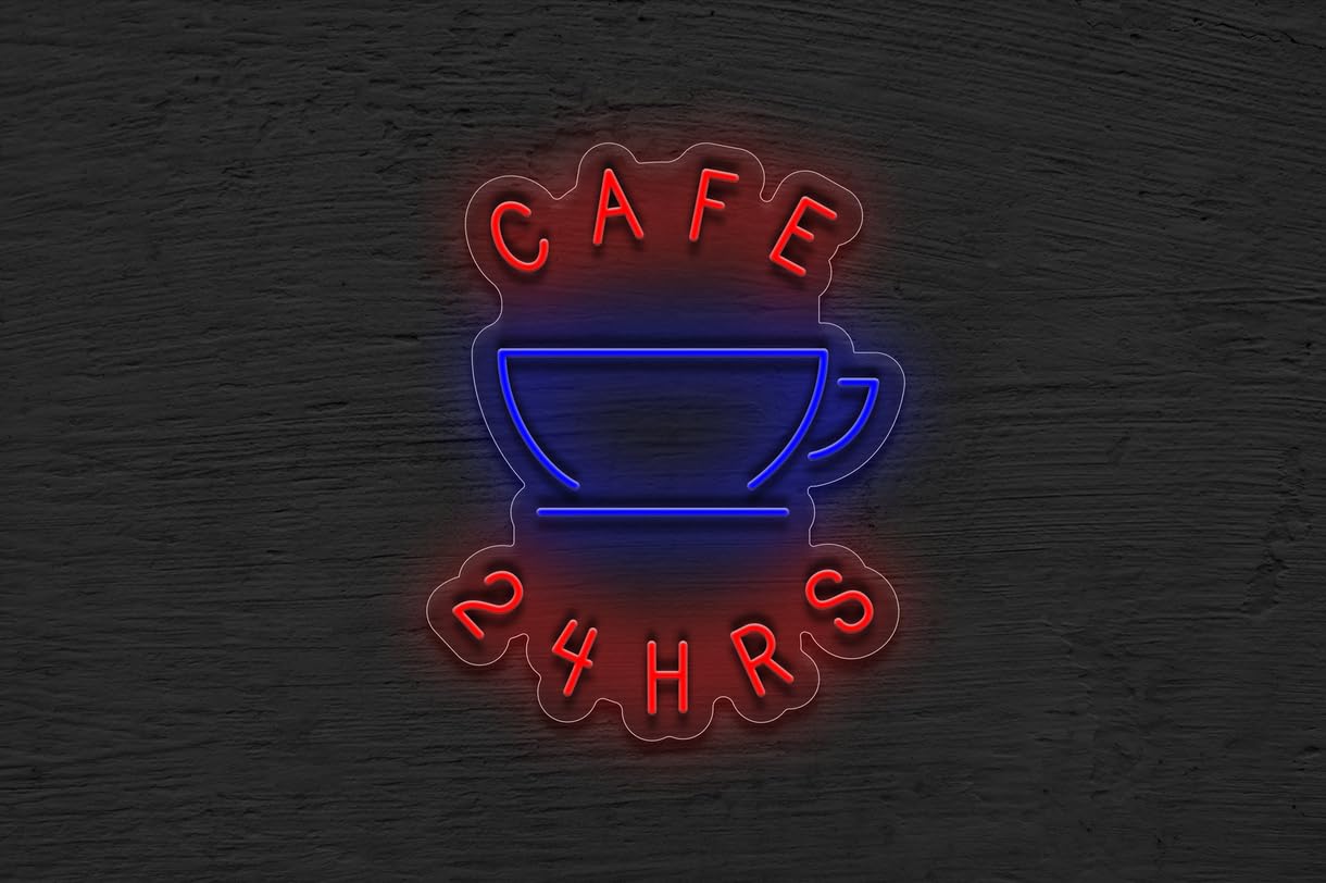 Letrero Neón LED Café 24 Horas Taza Rojo y Azul | soloNEON