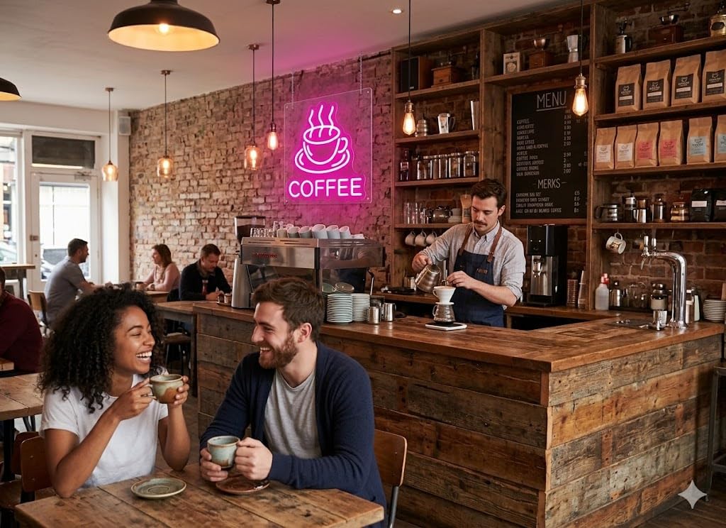 Letrero Neón "COFFEE" con Taza, Luz neón LED, Color Rosa, Decoración de Pared con base metacrilato transparente, cadena, cable de 1.5 m y alimentación 12 v medidas 40x35 cm.CAFETERIA