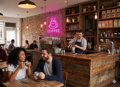 Letrero Neón "COFFEE" con Taza, Luz neón LED, Color Rosa, Decoración de Pared con base metacrilato transparente, cadena, cable de 1.5 m y alimentación 12 v medidas 40x35 cm.CAFETERIA
