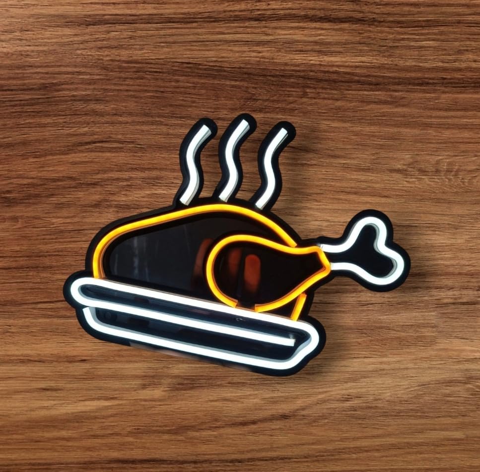 Letrero LED Decorativo de Pollo Asado, Luz de Neón, Color Blanco y Amarillo, Diseño Moderno