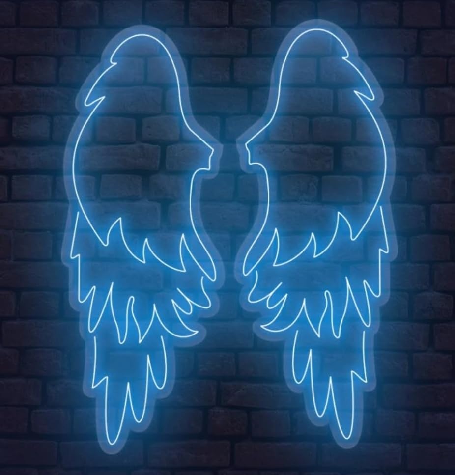 Luz LED Decorativa de Neón, Alas de Ángel, Azul, Iluminación de Pared Cada ala mide aproximadamente 90cm de alto por 35 cm de ancho, unidas por conector y alimentación