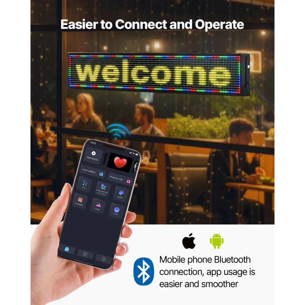 letrero LED Programable 131 x 19 cm Panel Digital Flexible Desplazable a Todo Color Tablero de Visualización con Patrón de Texto Personalizado Control de Aplicación Bluetooth para Publicidad