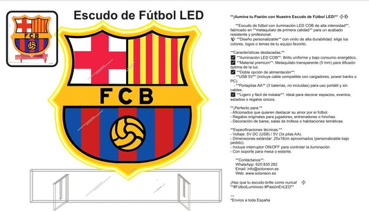 Escudo LED futbol, Iluminación COB Alta Intensidad, Metaquilato Profesional, Decoración BARCELONA Deportiva