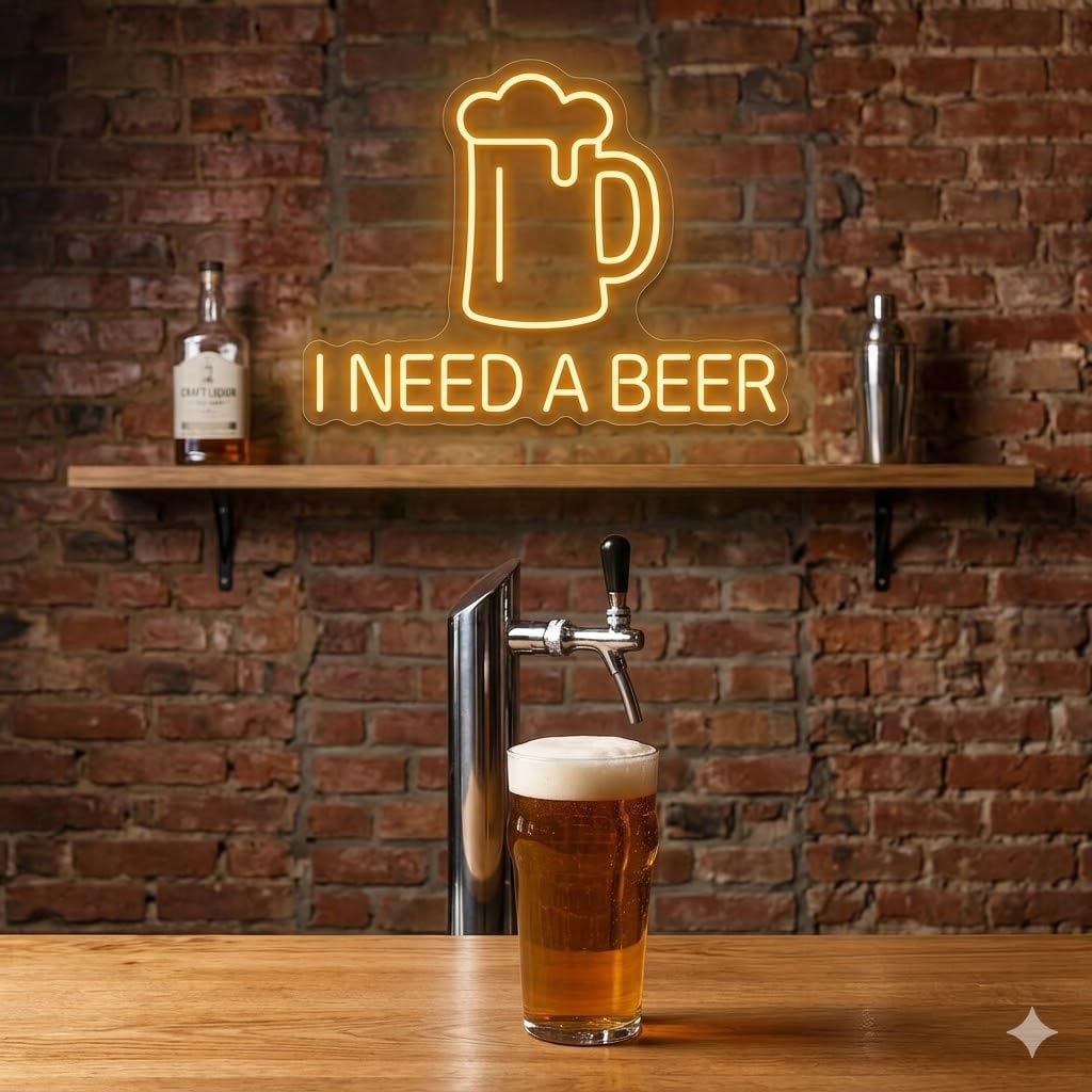 Letrero Neón de Jarra de Cerveza con frase "I NEED A BEER", Luz neón LED, Amarillo, Decoración de Pared con base metacrilato transparente, cadena, cable de 1.5 m y alimentación 12 v medidas 45x55 cm
