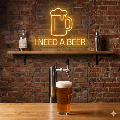 Letrero Neón de Jarra de Cerveza con frase "I NEED A BEER", Luz neón LED, Amarillo, Decoración de Pared con base metacrilato transparente, cadena, cable de 1.5 m y alimentación 12 v medidas 45x55 cm
