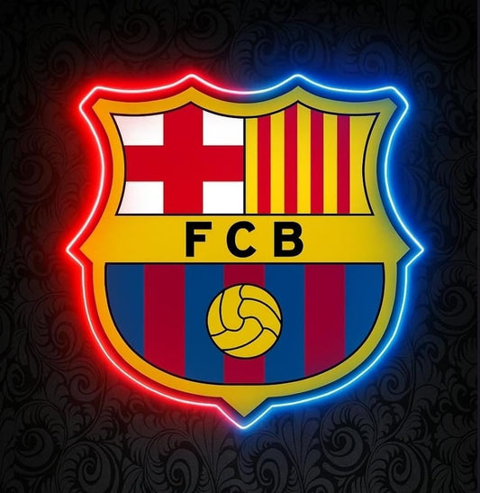 Escudo de futbol liga 1º division del Club BARCELONA, Diseño con medidas metacrilato 40x35cm aproximadamente dependiendo el diseño del escudo con neon led,metacrilato y vinilo color.Alimentacion 12v,cable 2m y cadena para colgar en pared incluido.