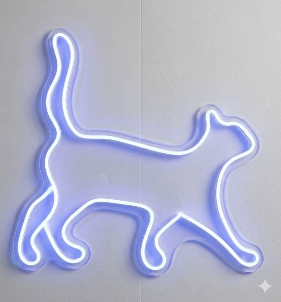Letrero Neón de Gato Caminando, Luz neón LED, Color Azul, Decoración de Pared con base metacrilato transparente, cadena, cable de 1.5 m y alimentación 12 v, medidas 40x35 cm