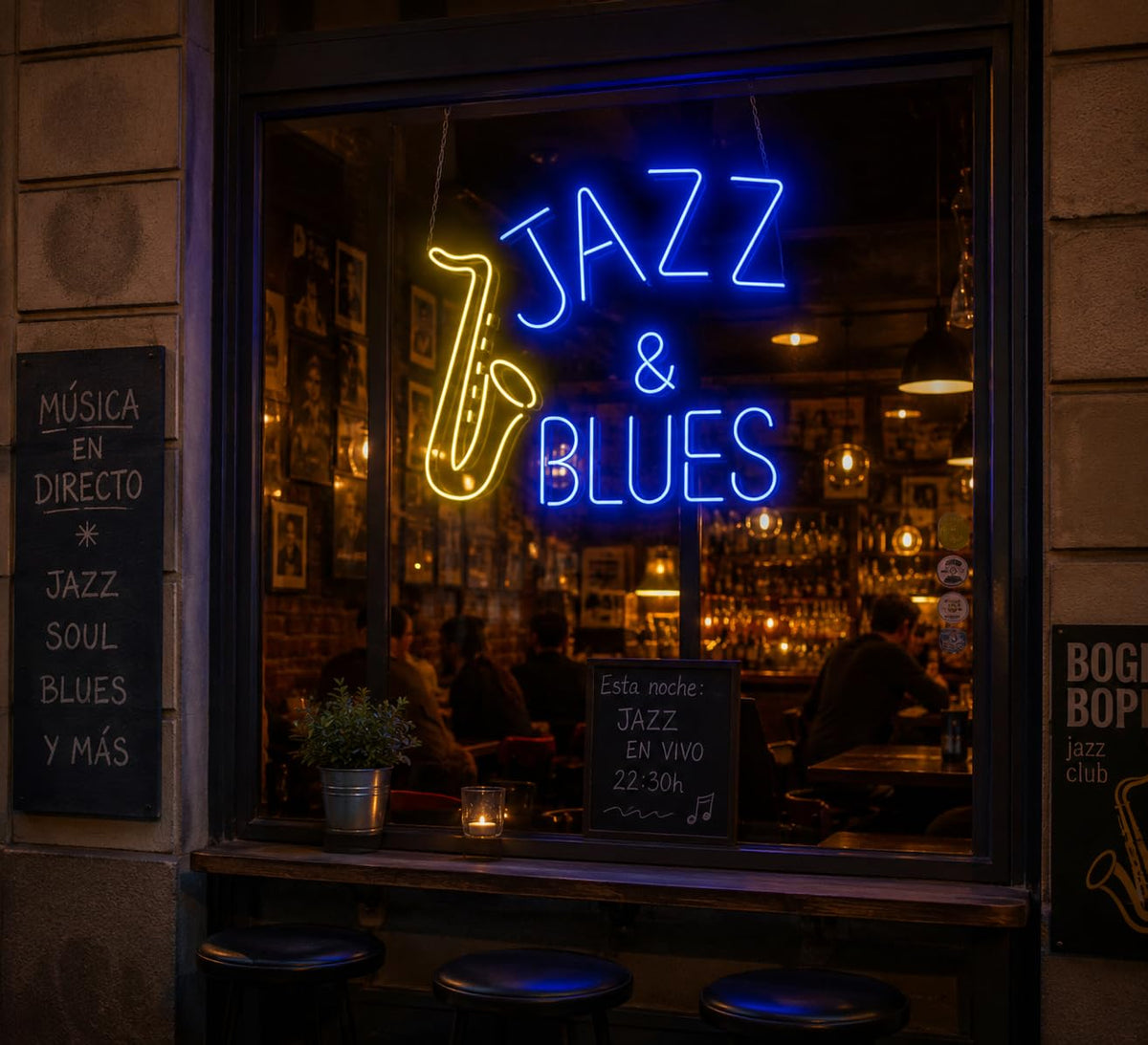 soloLED Letrero CARTEL JAZZ Y BLUES LED NEON brillante Escaparate, Decoración de Pared en Metacrilato transparente, Luz Brillante, aproximadamente 60cm alimentación 12v