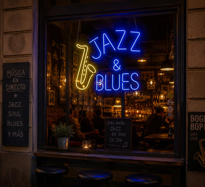 soloLED Letrero CARTEL JAZZ Y BLUES LED NEON brillante Escaparate, Decoración de Pared en Metacrilato transparente, Luz Brillante, aproximadamente 60cm alimentación 12v