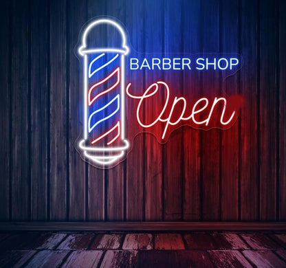 Barbershop - Letrero de neón abierto con tijeras, letrero LED 12 v montaje en pared, estilo retro, 40 x 35 x50cm