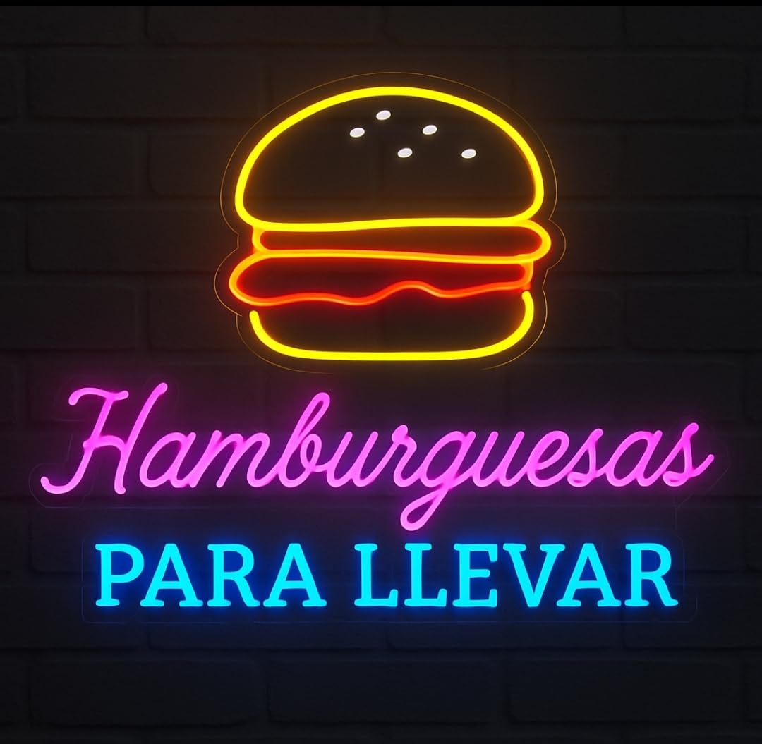 Letrero LED Neón Decorativo, Hamburguesas para Llevar, Multicolor, Iluminación para Restaurante mwdidas 65x52 cm - 12 v