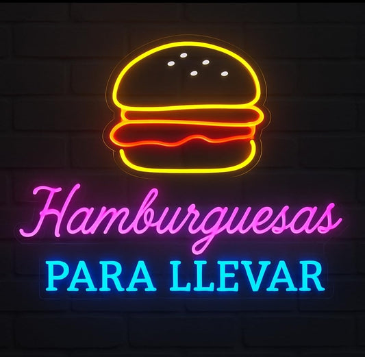 Letrero LED Neón Decorativo, Hamburguesas para Llevar, Multicolor, Iluminación para Restaurante mwdidas 65x52 cm - 12 v